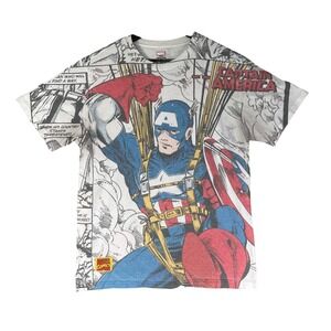 Marvel Captain America All Over Print Comic Panel T-Shirt Mens Small White AOP